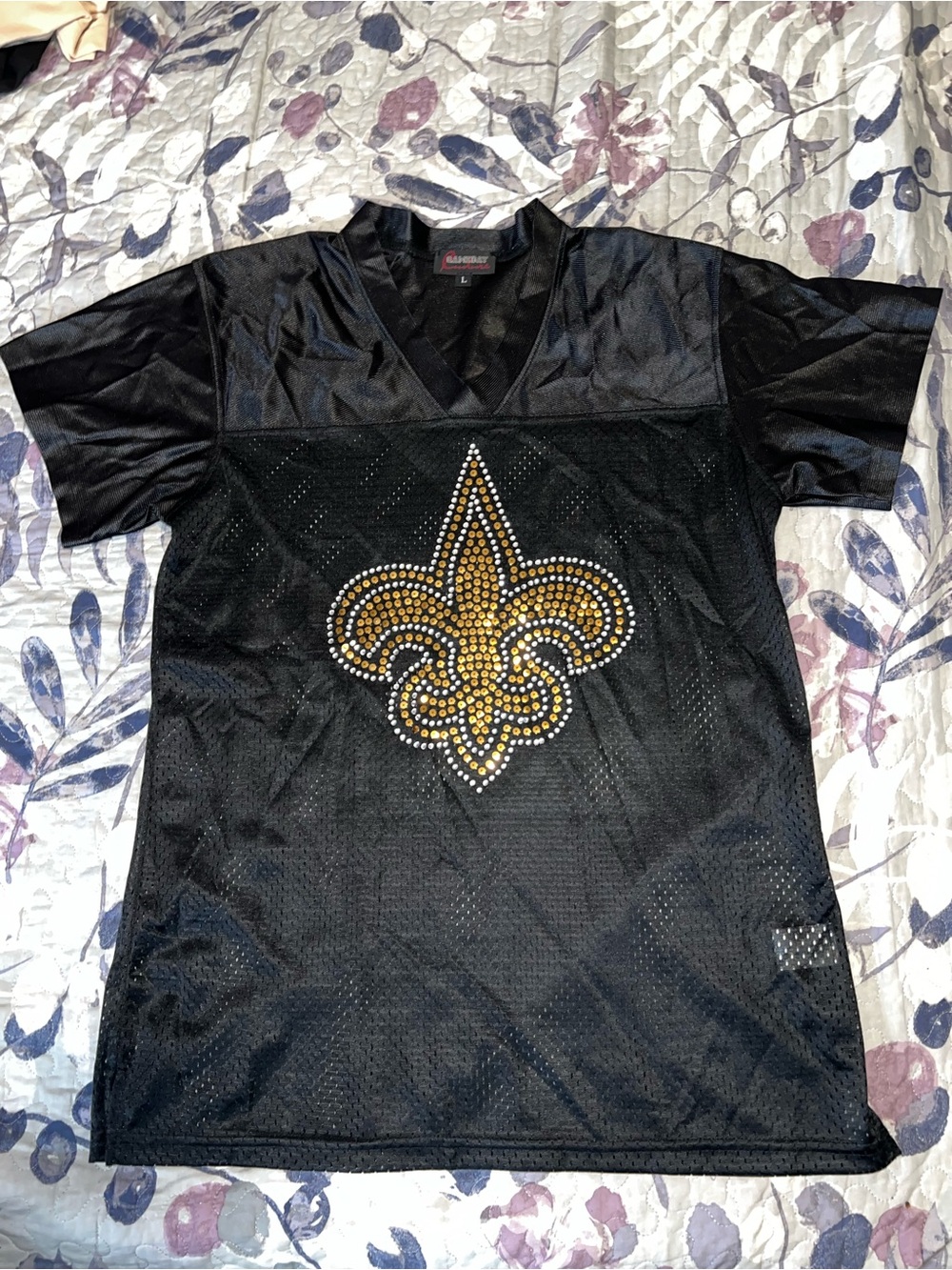 New Orleans Saints Black Women's Jersey with Gold Fleur-de-Lis Rhinestone Detail